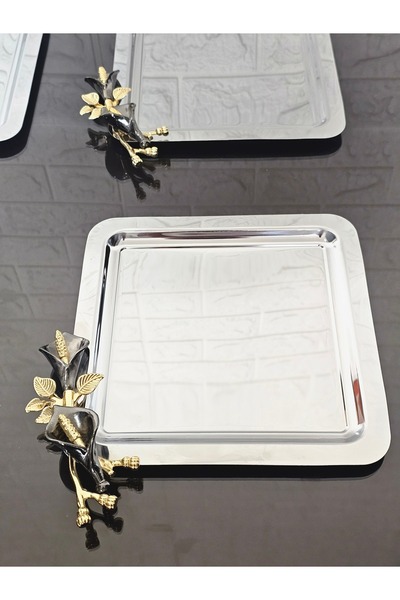 atabey home collection 2 Adet Gümüş Kahve & Çay & Sunum Tepsisi Döküm Siyah Lale
