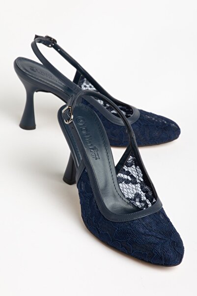 Dilimler Ayakkabı Büyük Numara Kadın Abiye Topuklu Ayakkabı Lacivert Tül Dese...