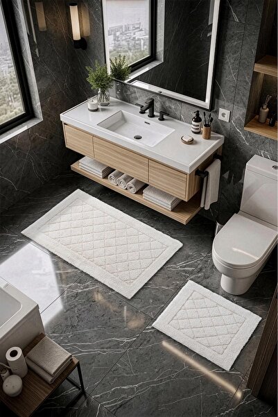 Cotto Home Set de 2 covorașe de baie din bumbac Lilly, cu textură moale, crem...