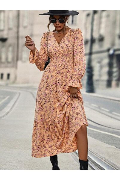 Iuliashop Rochie lungă portocalie Magdele cu imprimeu floral - M
