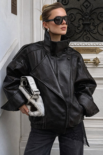 çerme Women's New Season Stand Collar Oversize Leather Jacket