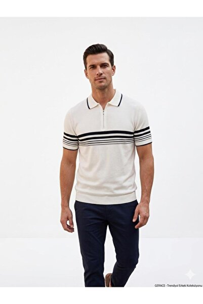 MODA GERACE Erkek Triko Pamuklu Kumaş Slim Fit Dar Kesim Beyaz Kıvrılmaz Polo...