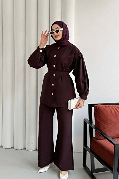 Modaensarbutik Ön Gold Düğme Detaylı Pantolonlu Tesettür Takım-BORDO