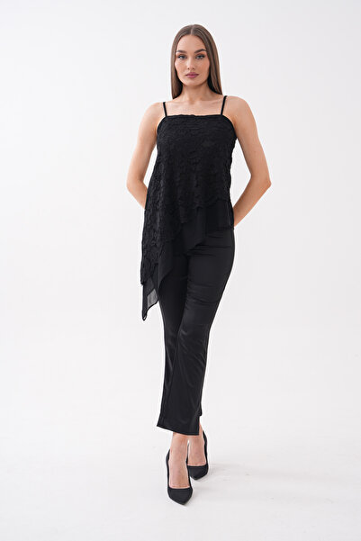 Cebby Black Lace Asymmetrical Cut Blouse