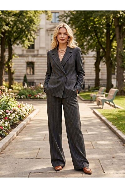 ibeeka Ριγέ διπλόπετο μπουφάν και παντελόνι με φαρδιά μπατζάκια, σετ oversized