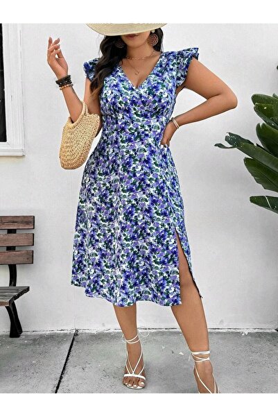 Iuliashop Zivia White Midi Dress with Purple Floral Print - Plus Sizes - 44