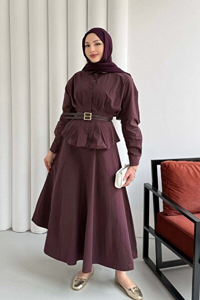 Modaensarbutik Belden Oturmalı Çift Kemer Geçişli Etekli Tesettür Takım-BORDO