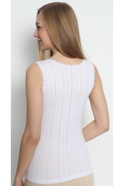 Cotpark Women's 100% Cotton Ribbed Lace Detailed Undershirt - White 3095