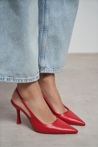 NİŞANTAŞI SHOES Γυναικεία παπούτσια με τακούνι Elara Red Matte με λεπτομέρεια...