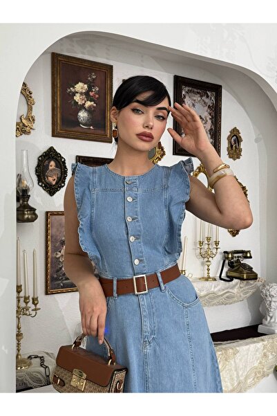 mayrem Kadın Vintage Stil Kuşaklı Kot Elbise