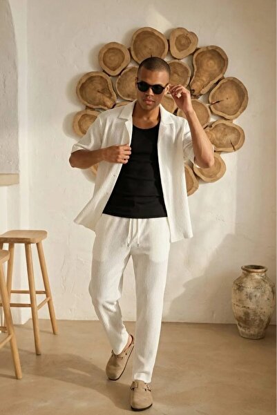 MADZEYMODA Ανδρικό κοντομάνικο πουκάμισο με κορδόνια & φαρδύ παντελόνι εκρού ...