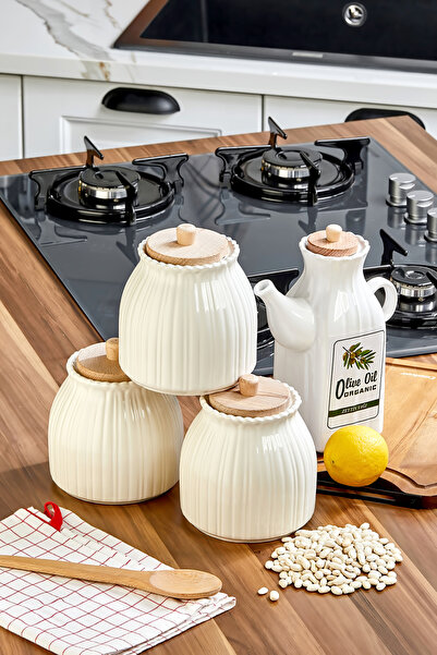 Akkoyunlu home 4-Piece Kitchen Set - Ceramic Daisy Jar with 3 Wooden Lids and...