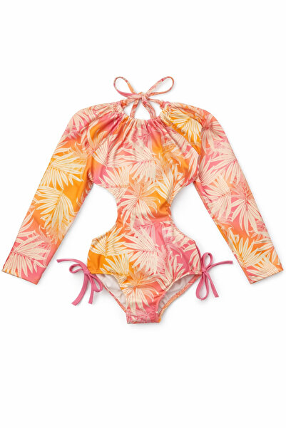 Beniizle Μαγιό για κορίτσια με σχέδιο φύλλων, ανοιχτά πλαϊνά και δέσιμο στο λ...