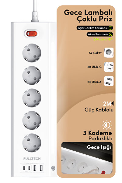 Fulltech FTR-26 Akım Korumalı Priz Beyaz 9’lu (5 Priz + 2 USB-A + 2 USB-C) 36...