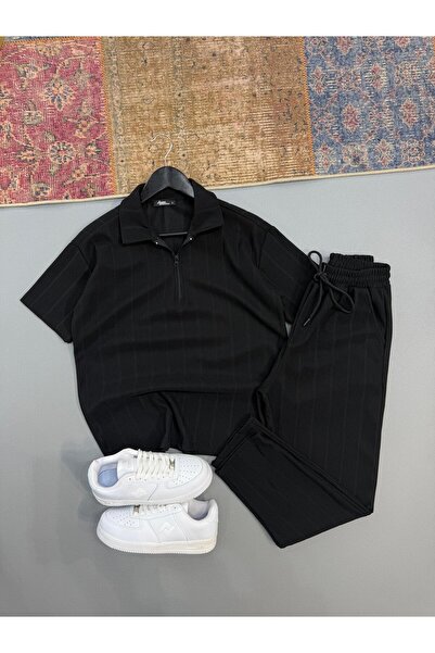 Baycombine35 Raporlu Ottoman Μαύρο Μπλουζάκι με Μισό Φερμουάρ - Μαύρο Σετ Παν...