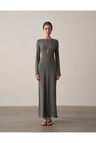 Kuğu Collection Kayık Yaka Uzun Kollu Fit Uzun Elbise Antrasit Melanj
