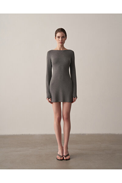 Kuğu Collection Kayık Yaka Uzun Kollu Fit Mini Elbise Antrasit Melanj