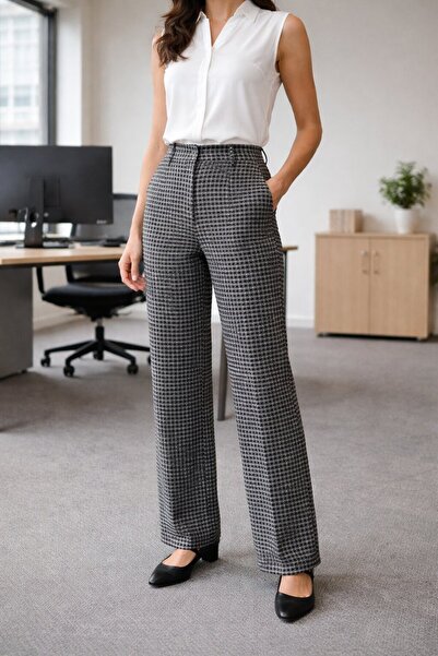 Timburly Γυναικείο μαύρο γκρι καρό υφασμάτινο παντελόνι με ψηλή μέση και φαρδ...