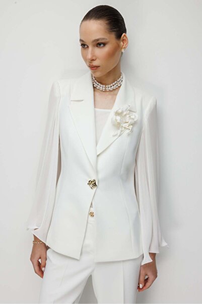 Moda İlgi Modailgi Kol Pliseli Yakası Çiçek Broşlu Tek Düğme Ceket - 45025 Ekru