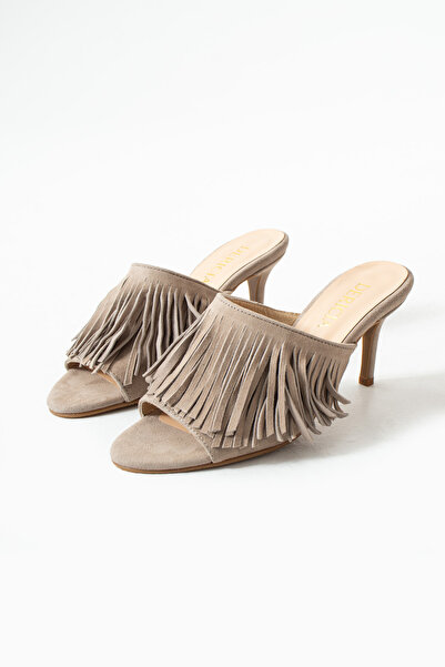 dericia shoes Glint Hakiki Deri Süet Kadın İnce Topuklu Yazlık Terlik