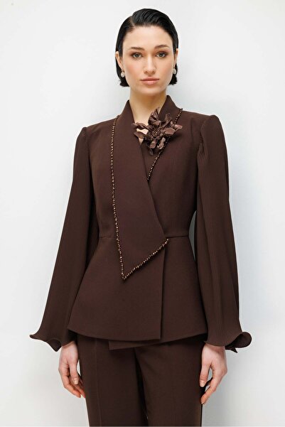 Moda İlgi Modailgi Yakası Boncuk Detaylı Broşlu Kolu Pliseli Ceket - 45024 Kahve
