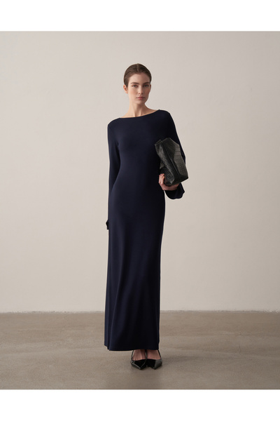 Kuğu Collection Kayık Yaka Uzun Kollu Fit Uzun Elbise Lacivert