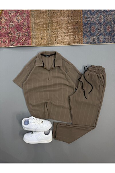 Baycombine35 Raporlu Ottoman Καφέ Μπλουζάκι με Μισό Φερμουάρ - Καφέ Σετ Παντε...