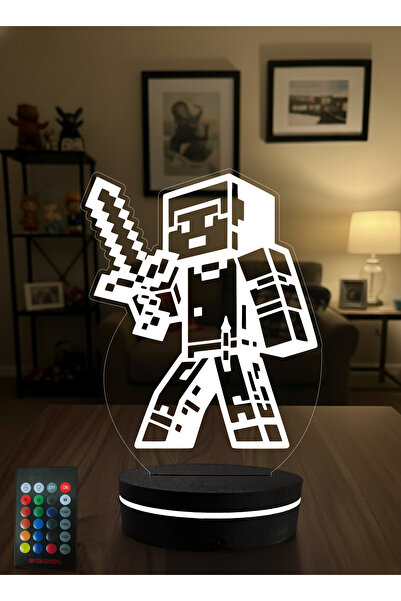 Eymi Design Minecraft Karakter 3D LED Gece Lambası RGB Kumandalı Adaptörlü Ma...