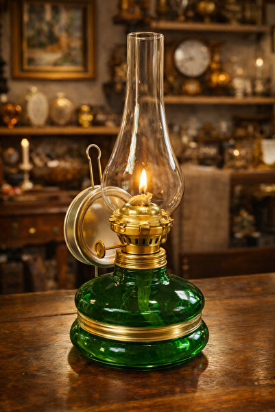 EVVEL ZAMAN ANTİK Vintage Yeşil Cam Gaz Lambası – Dekoratif & Koleksiyonluk