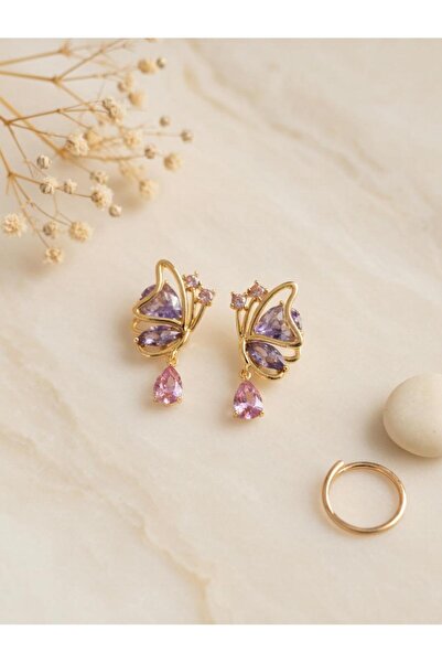 Archhazel Jewelery Mor & Pembe Zirkon Taşlı Kelebek Küpe – Altın Sarısı