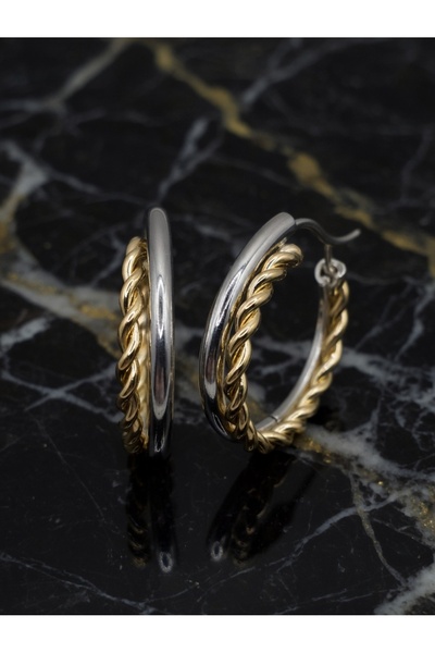 ahsenaksesuar2025 Silver and Gold Color Twisted Twist Hoop Steel Earrings-Tar...