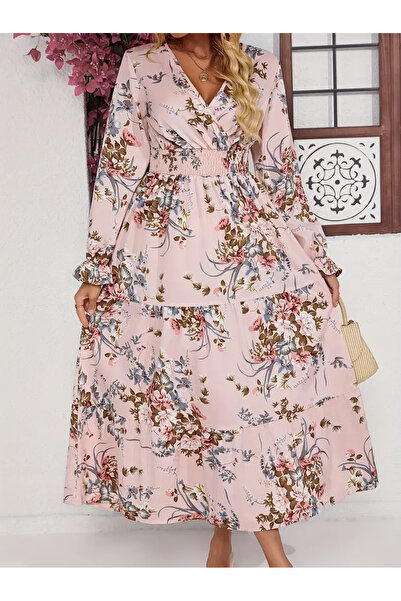 Iuliashop Yeriel Rochie lungă roz pudră cu imprimeu floral - S