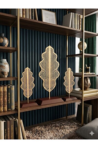Taz Work Shop Modern Yaprak Tasarımlı Dekoratif Biblo Seti – 3’lü Ahşap Stand...