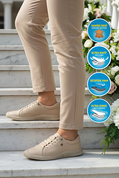 AYAKMOD Beige Genuine Leather Orthopedic Women's Casual Shoes 5605 Z