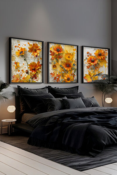 STARYUNA Σετ τριών πινάκων με θέμα τα φθινοπωρινά λουλούδια με μαύρο ξύλινο π...