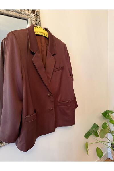 Kahverengi Deri Düğmeli ve Biyeli Büyük Beden Ceket/Blazer