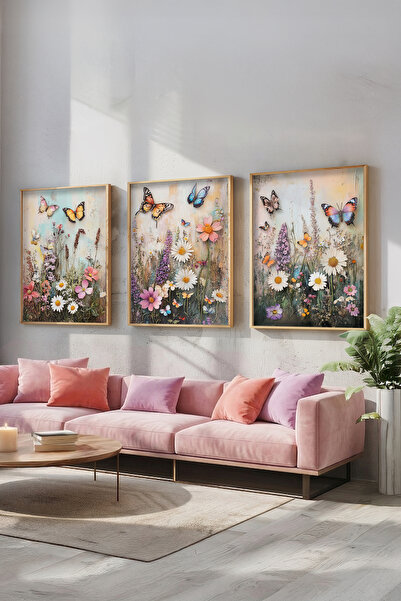 STARYUNA Σετ τριών πινάκων ζωγραφικής με ξύλινο πλαίσιο, με θέμα την πεταλούδ...