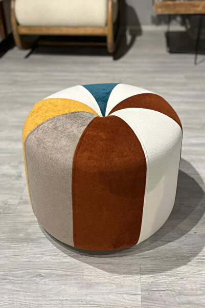 Deby Viva Modern Patchwork Renkli Puf - Dekoratif Yuvarlak Oturma Taburesi - ...