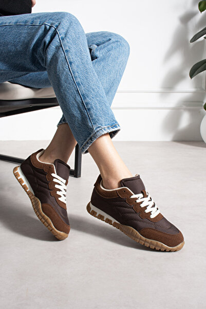 pasyone Καφέ Γυναικείο Σνίκερ με Ρετρό Σόλα και Λεπτομέρεια από Σουέντ