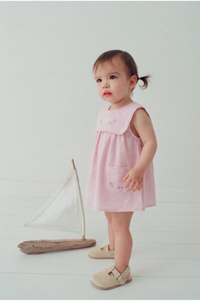 Magu Girl's Cotton Pink Rabbit Embroidered Dress with Pockets