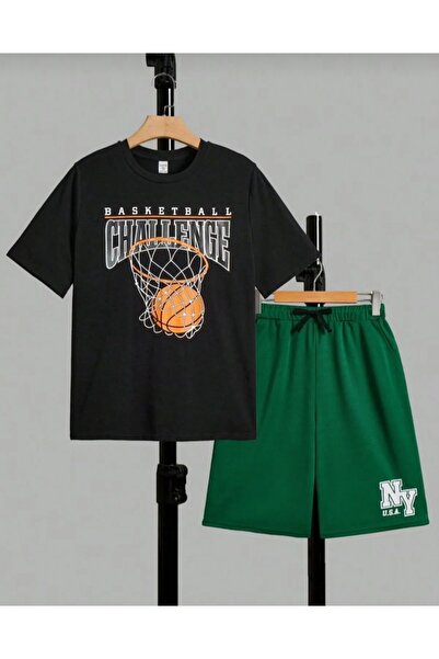 Kids καλοκαιρινό μπλουζάκι για αγόρια με στάμπα μπάσκετ - Πράσινο σορτς με στ...