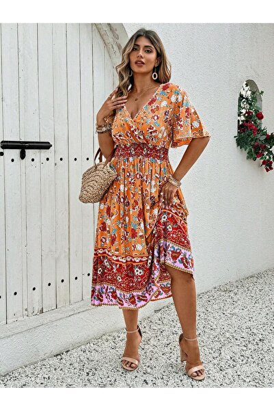Iuliashop Rochie midi portocalie Tiara cu imprimeu multicolor - Mărimi mari - 44