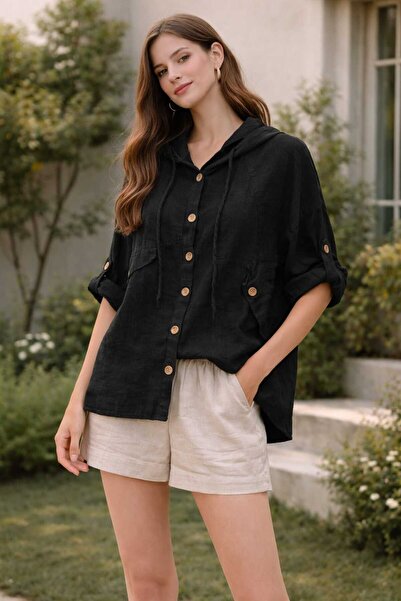 Bergani Women's Hooded Comfortable Fit Cotton Shirt Jacket