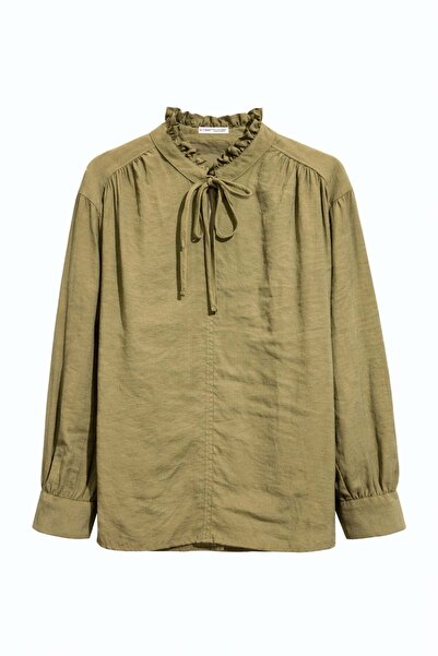 Mixray 4824 Γυναικεία μπλούζα με βολάν, λεπτομερή δέσιμο, ριχτό γιακά και μακ...