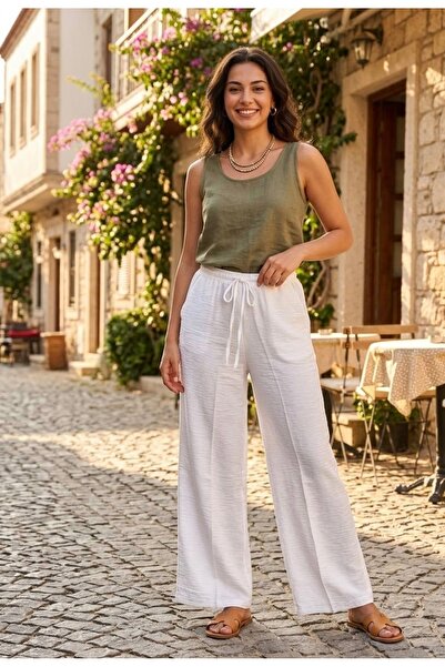 YusGos Γυναικείο λινό παντελόνι Palazzo σε κρεμ χρώμα με δέσιμο στη μέση