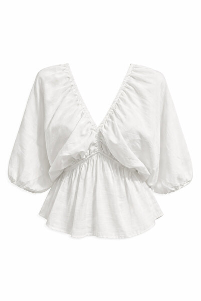 Mixray 4703 Γυναικεία ελαστική μπλούζα με λαιμόκοψη V σε εκρού χρώμα