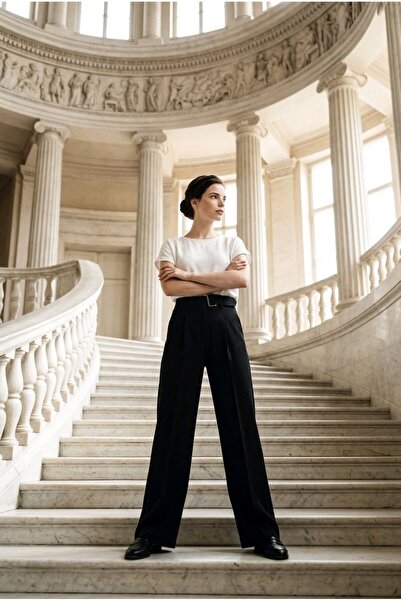 hies Women's Double Palazzo Pants, Wrinkle-Resistant Fabric, Half Belt Detail