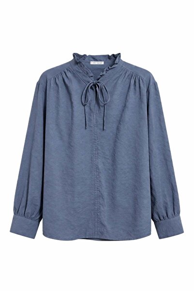 Mixray 4824 Γυναικεία μπλούζα με βολάν, λεπτομερή δέσιμο, ριχτό γιακά και μακ...