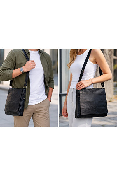 Unisex Hakiki Deri Laptop Bölmeli Postacı Çantası - Siyah Evrak ve Omuz Çantası