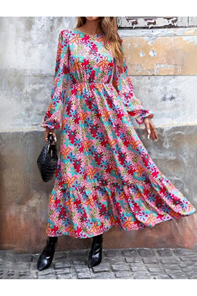 Iuliashop Rochie lungă roz Bremita cu imprimeu floral multicolor - XL